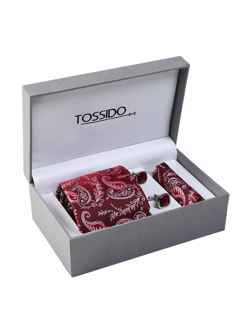 red micro fiber tie with pocket square and cufflink - 15615767 - Zoom Image - 4