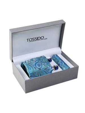blue micro fiber tie with pocket square and cufflink - 15615771 - Standard Image - 4