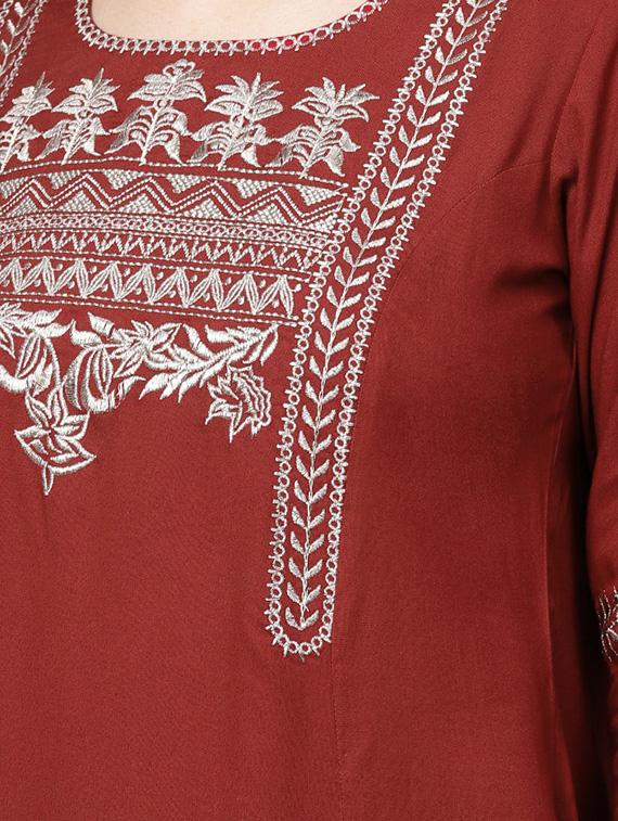 Rust Embroidered a-line kurta - 15616115 - Zoom Image - 4