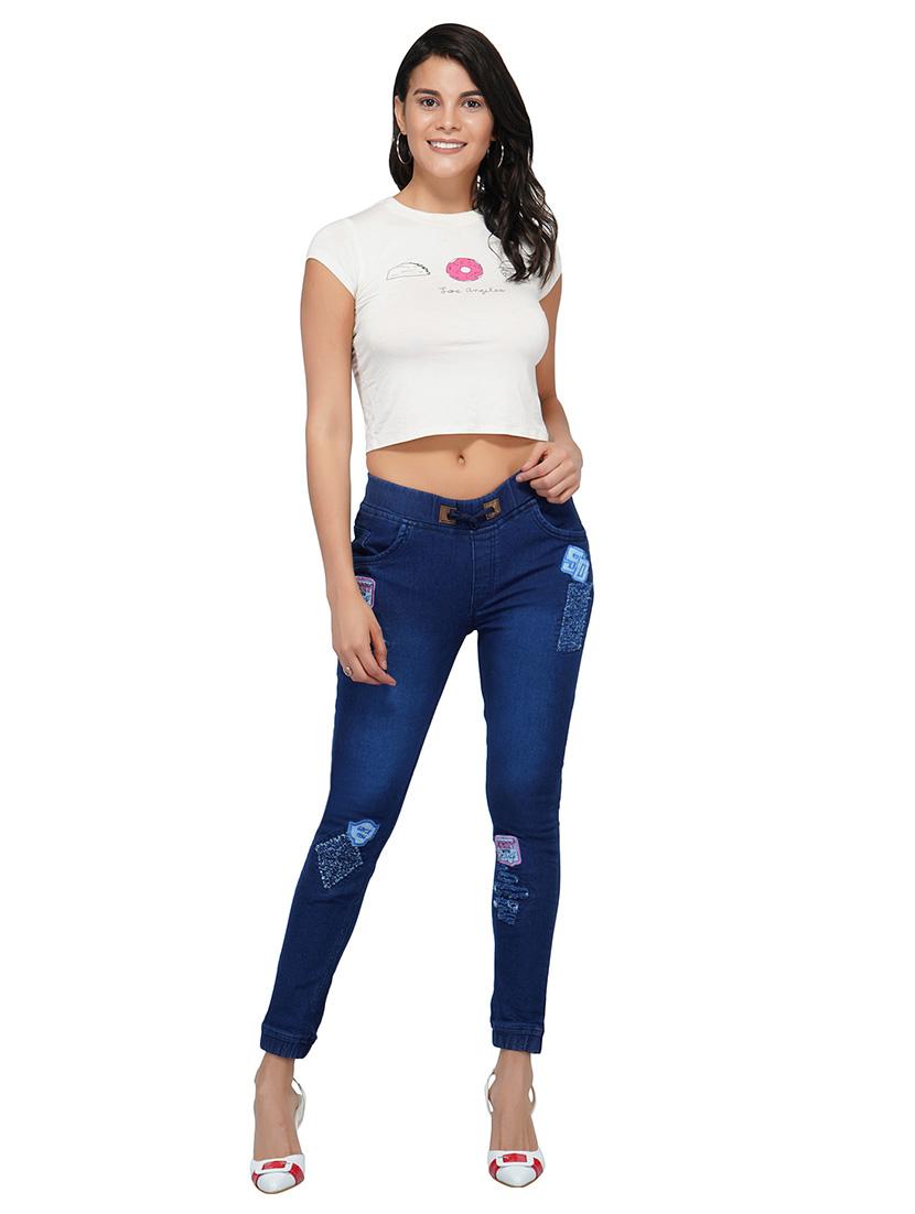 drawstring waist graphic patch distress jeans - 15621477 - Zoom Image - 4