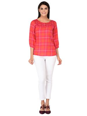 embroidered neck button detail checkered top - 15623564 - Standard Image - 4