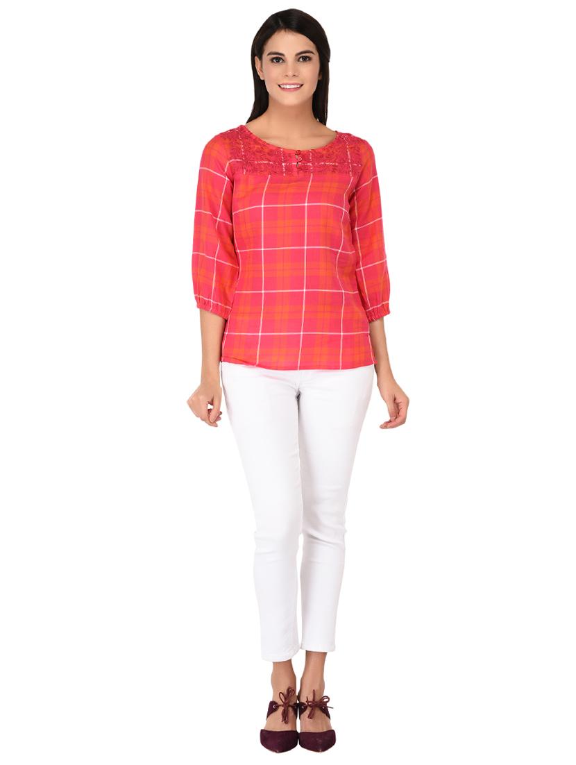 embroidered neck button detail checkered top - 15623564 - Zoom Image - 4