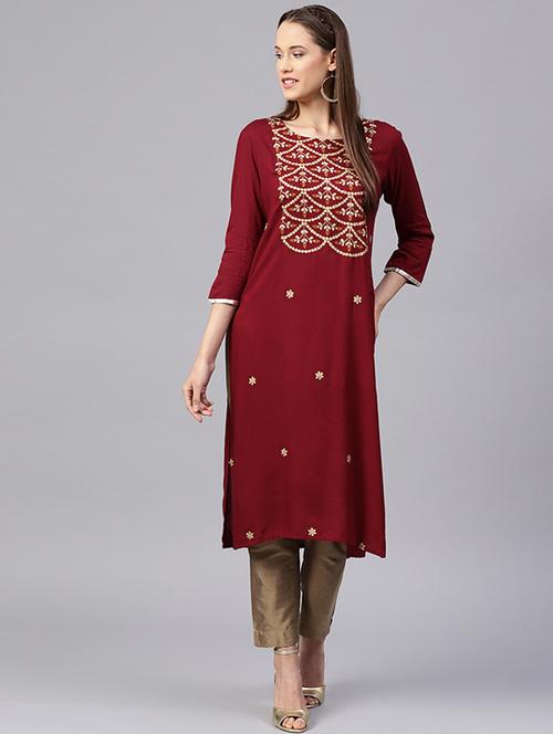 Embroidered foil print kurta - 15629872 - Standard Image - 1