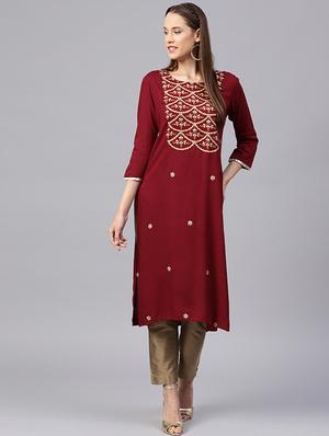 Embroidered foil print kurta - 15629872 - Standard Image - 1