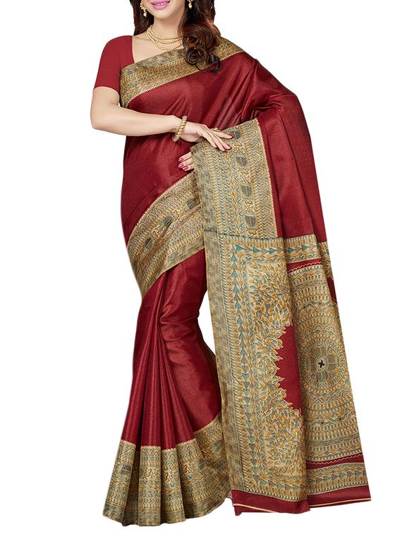maroon printed saree combo with blouse - 15630060 - Zoom Image - 4