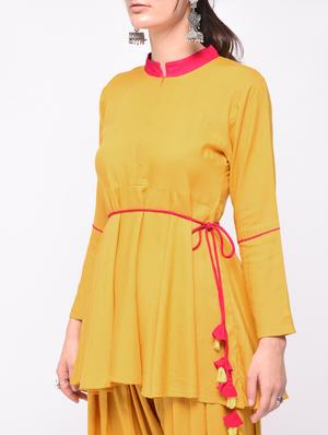 Tassels drawstring soild kurti with salwar set - 15642074 - Standard Image - 4