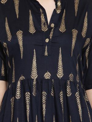 Navy flared foil print kurta - 15676254 - Standard Image - 4