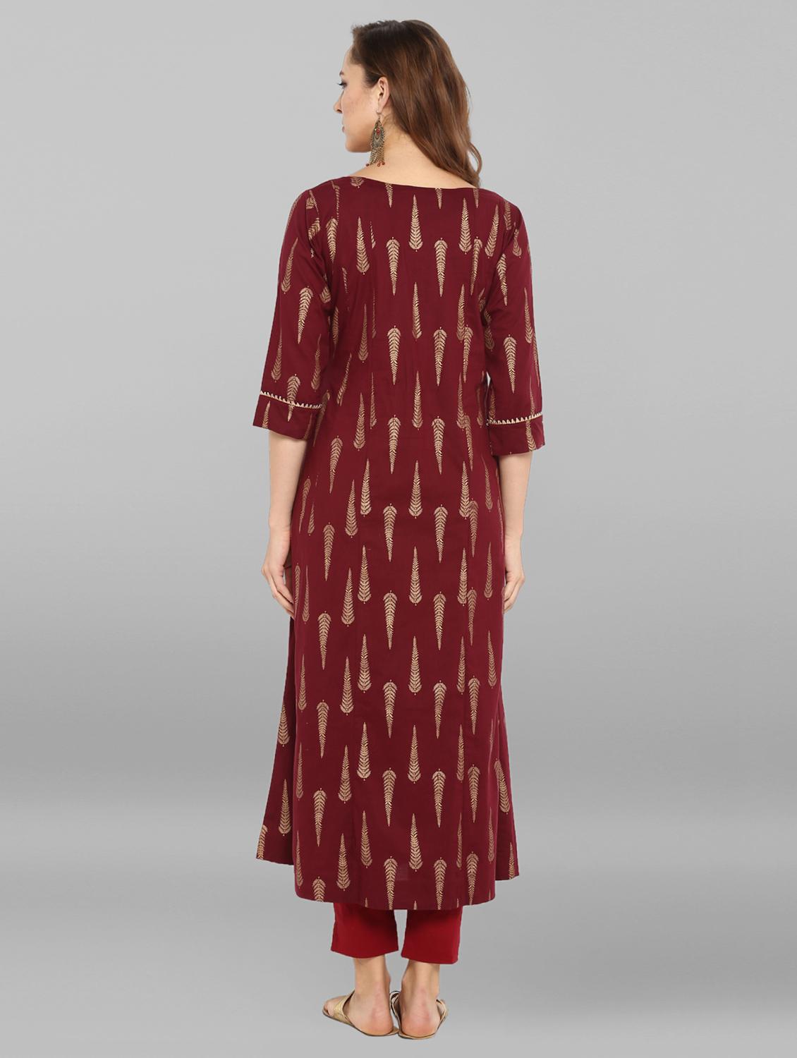 Burgundy a-line foil print kurta - 15676551 - Zoom Image - 4