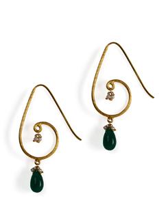 Gold plated silver danglers with Green Onex tear drop & fresh water pearls. - Posy Samriddh