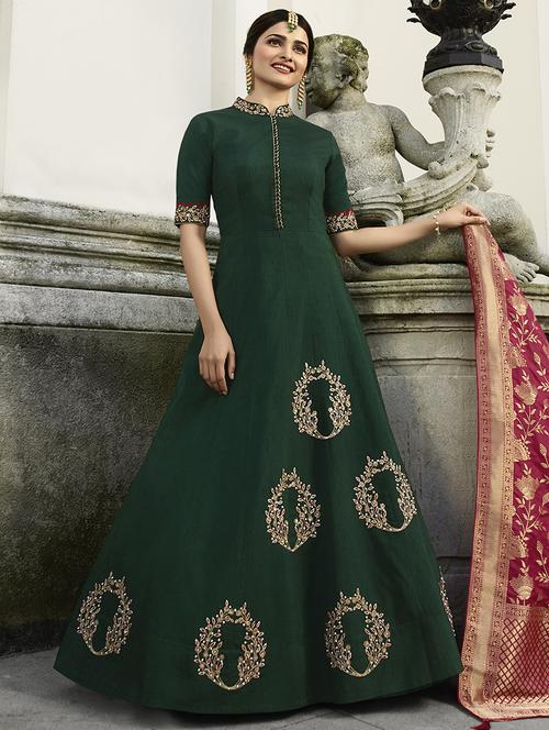 embroidered semi-stitched silk kalidaar suit - 15692153 - Very Small Image - 1