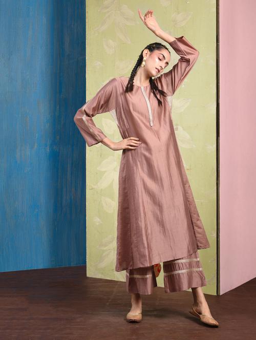 Coral gotta lace silk a-line kurta - 15693022 - Standard Image - 1