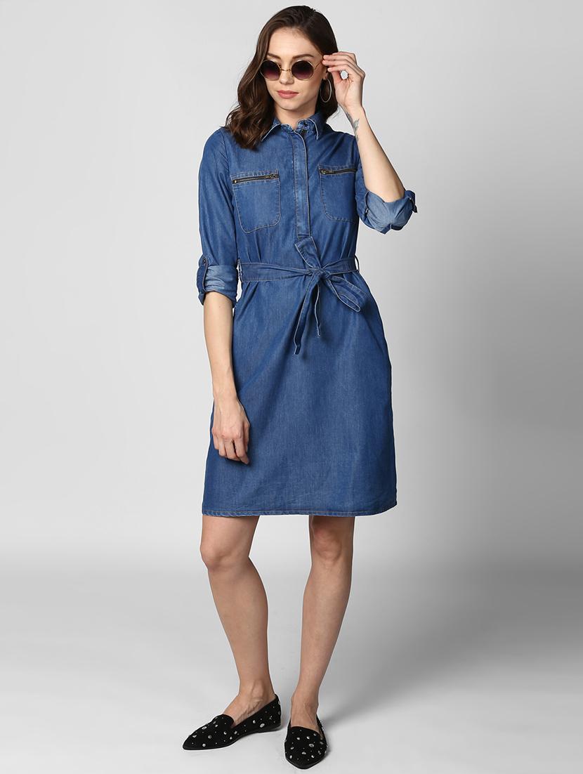 belted denim shirt collar dress - 15695655 - Zoom Image - 4