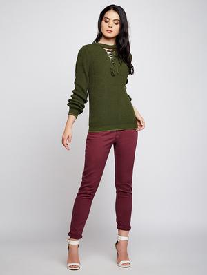 tie up neck ribbed knit pullover - 15698042 - Standard Image - 4