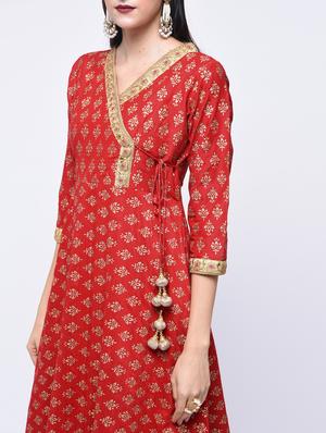 Foil print Angrakha kurta with tassels - 15701751 - Standard Image - 4