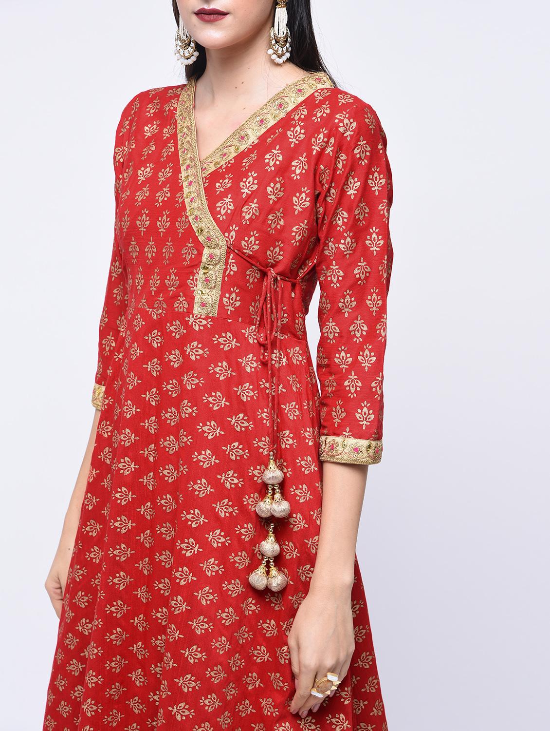 Foil print Angrakha kurta with tassels - 15701751 - Zoom Image - 4