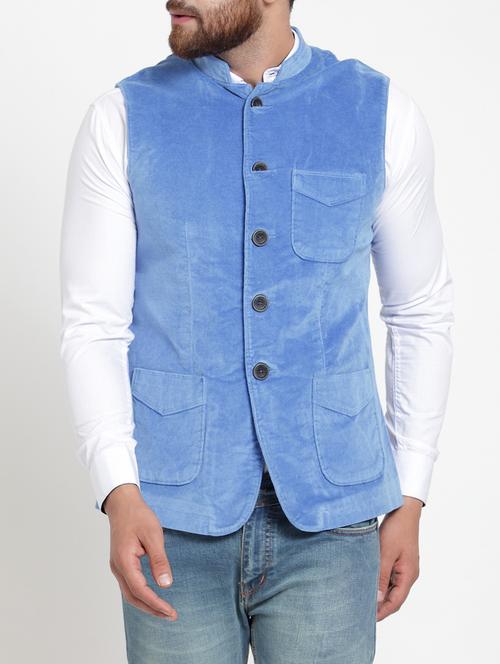blue polyester nehru jacket - 15709355 - Very Small Image - 1