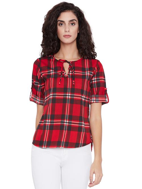 tie-up neck checkered top - 15711193 - Standard Image - 1
