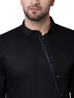 black cotton asymmetric kurta pyjama set - 15729240 - Standard Image - 4