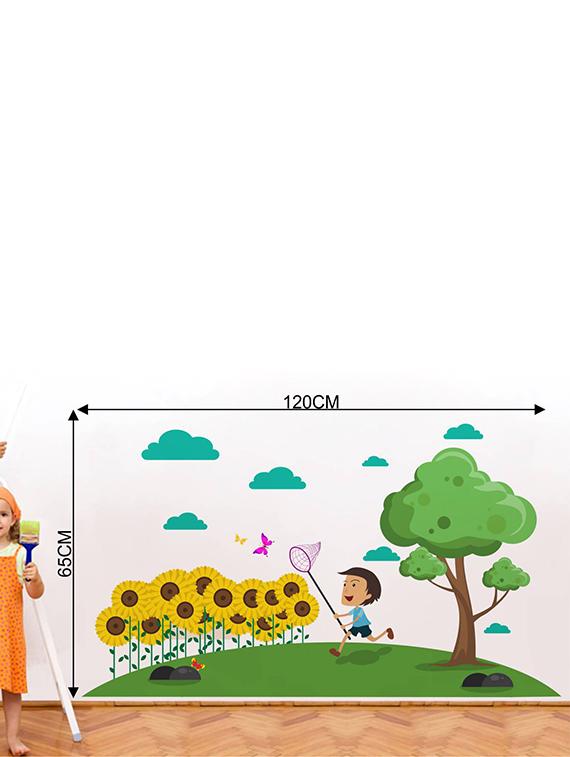 Rawpockets Wall Decals ' Nature Flower Boy Catching Butterfly ' Wall stickers (PVC Vinyl) Multicolour - 15734042 - Zoom Image - 4
