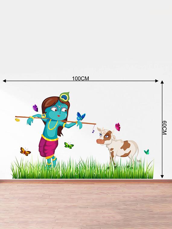 Rawpockets Wall Decals ' Lord Krishna Cow Grass Butterfly Story ' Wall stickers (PVC Vinyl) Multicolour - 15734146 - Zoom Image - 4