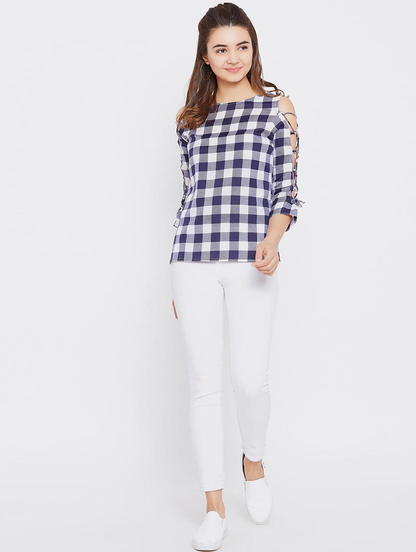 criss cross lace up sleeved checkered top - 15735860 - Zoom Image - 4