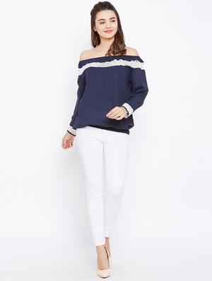 lace insert off shoulder top - 15735879 - Standard Image - 4