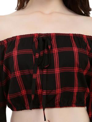 off shoulder checkered crop top - 15744483 - Standard Image - 4
