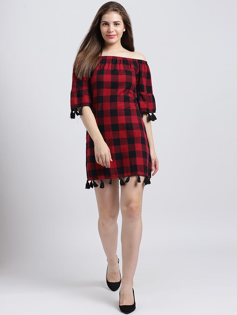 off shoulder checkered shift dress - 15747094 - Zoom Image - 4