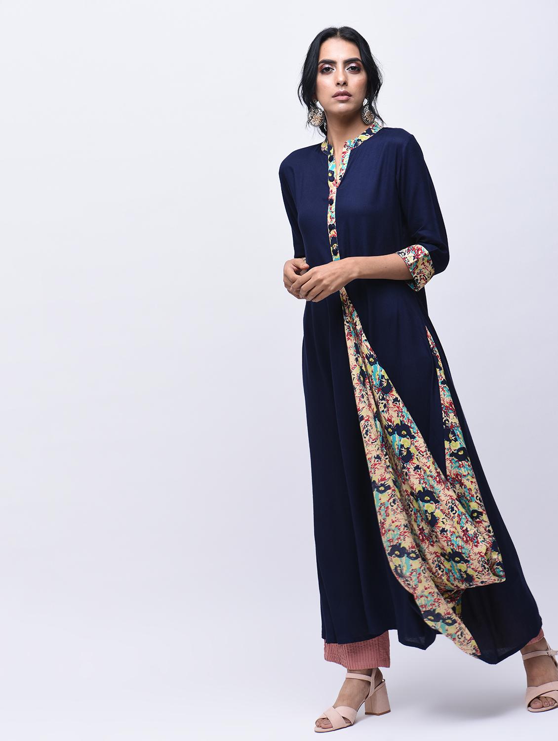 printed contrast cowl kurta - 15750628 - Zoom Image - 4