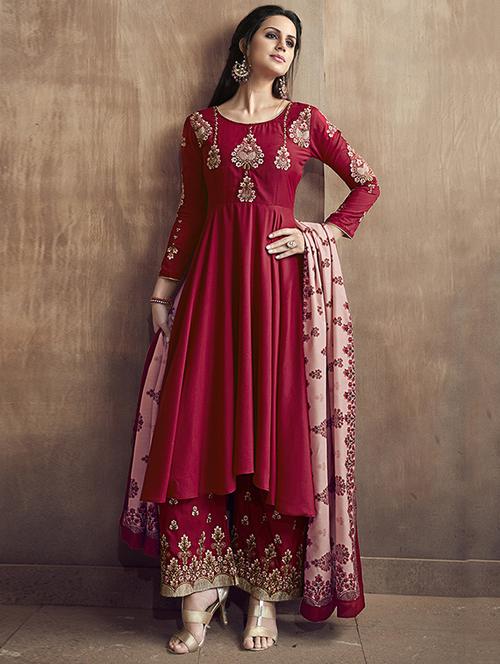 Embroidered semi-stitched palazzo suit - 15754562 - Standard Image - 1