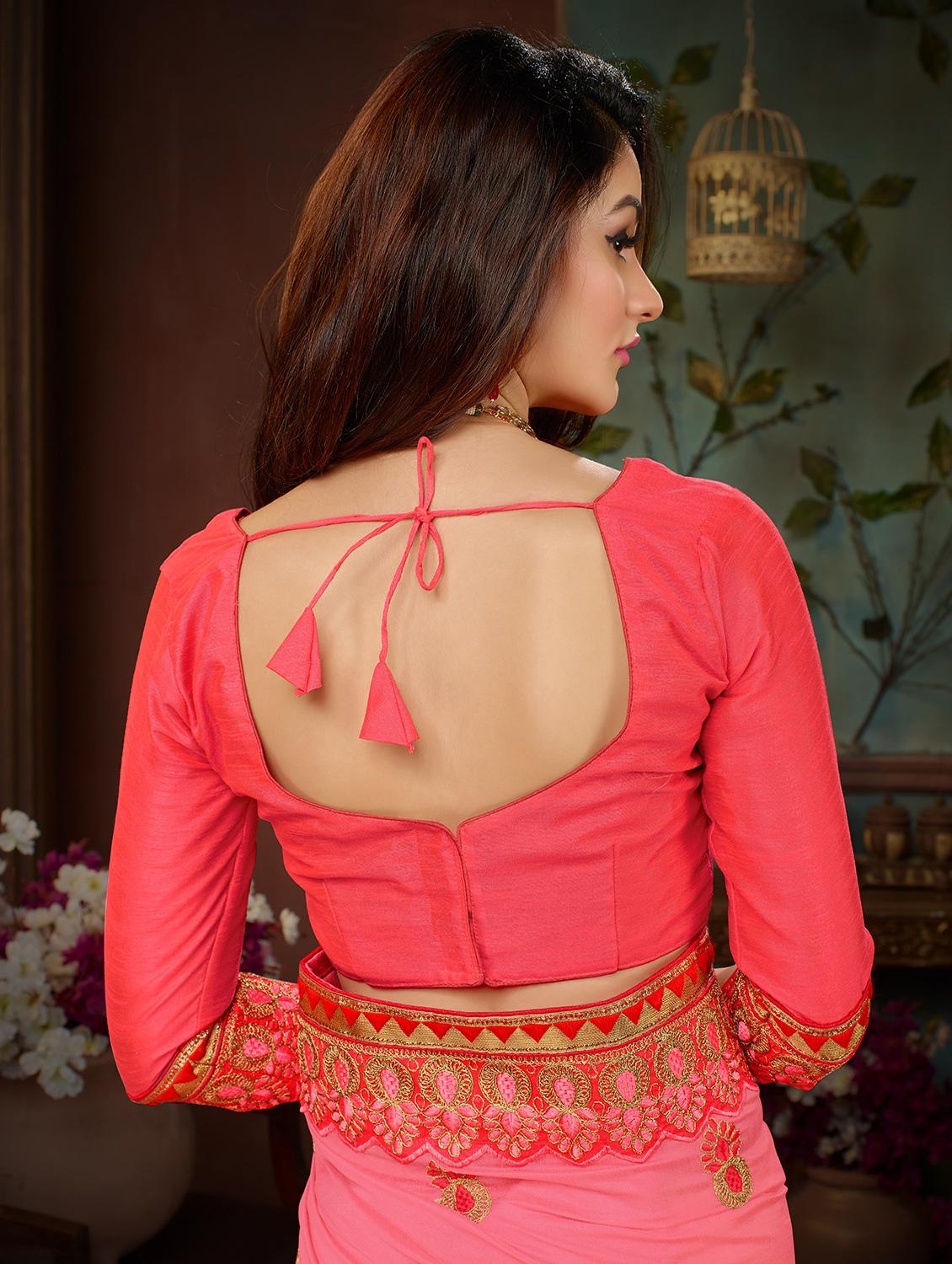 embroidered pink saree with blouse - 15758240 - Zoom Image - 4