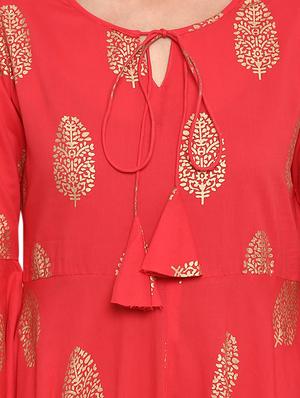 Foil print bell sleeves a-line kurta - 15772327 - Standard Image - 4