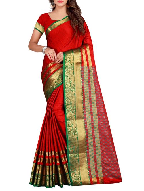 red cotton silk woven saree with blouse - 15773517 - Standard Image - 1