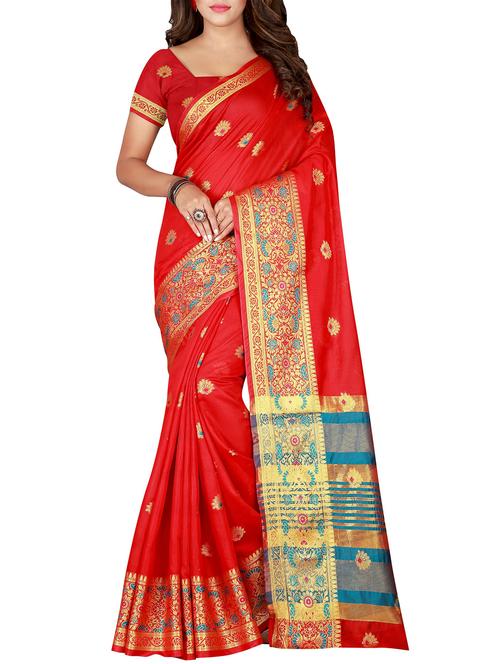 red cotton woven saree with blouse - 15773562 - Standard Image - 1