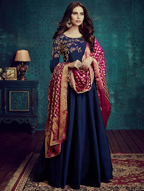 embroidered semi-stitched flared suit - 15775534 - Standard Image - 1