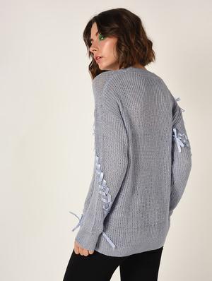 dropped shoulder lace up detail pullover - 15800287 - Standard Image - 4