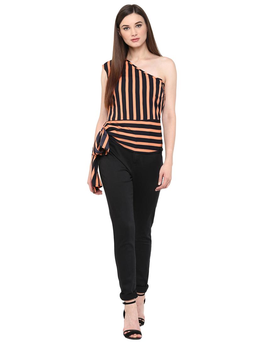 single shoulder tie-knot striped top - 15807360 - Zoom Image - 4