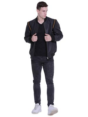 blue solid 100% leather jacket - 15817470 - Standard Image - 4