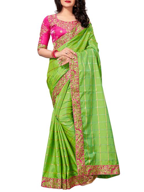 checkered embroidered border saree with blouse - 15819209 - Standard Image - 1