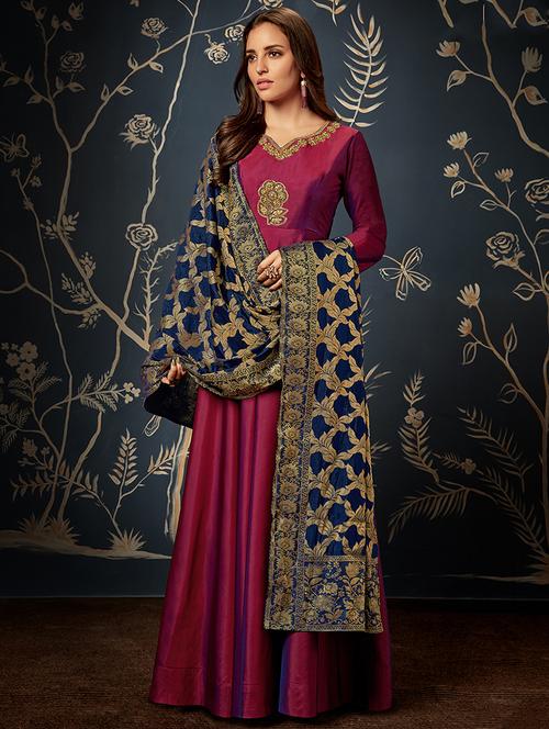 Embroidered semi-stitched flared suit - 15838576 - Standard Image - 1