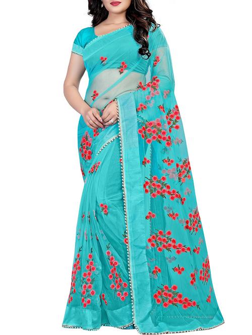 pearl border floral turquoise embroidered saree with blouse - 15838645 - Standard Image - 1