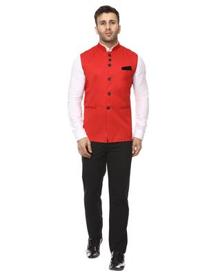 red mandarin neck nehru jacket - 15840484 - Standard Image - 4