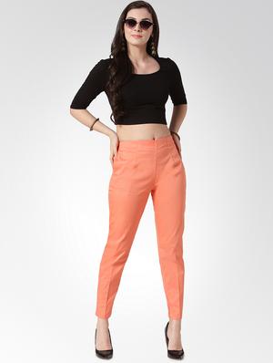 peach solid flat front trousers - 15842395 - Standard Image - 4