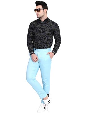 light blue cotton flat front casual trousers - 15845309 - Standard Image - 4