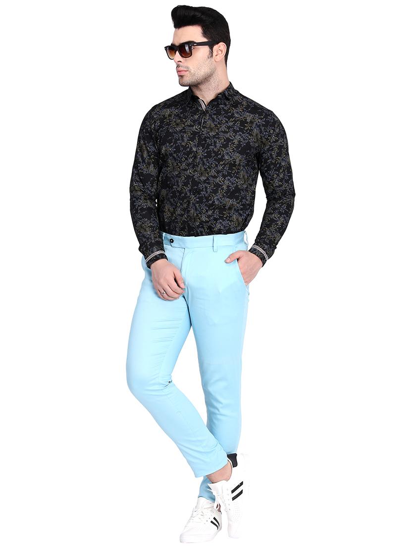 light blue cotton flat front casual trousers - 15845309 - Zoom Image - 4