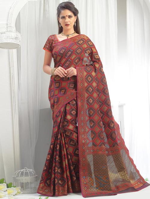 checkered zari motif tussar saree with blouse - 15861423 - Standard Image - 1