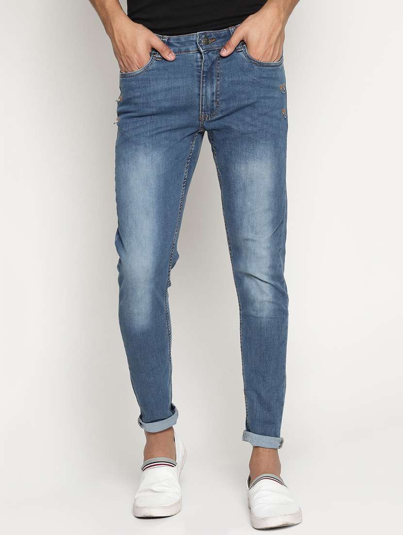 blue cotton blend washed jeans