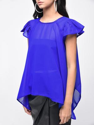 embellished neck flared asymmetric top - 15866254 - Standard Image - 4