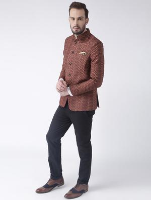 brown polyester single breasted bandhgala blazer - 15867774 - Standard Image - 4