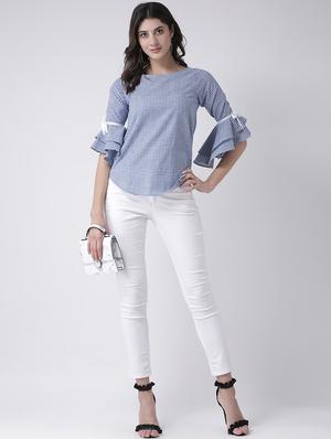 checkered bow detail bell sleeved top - 15879506 - Standard Image - 4